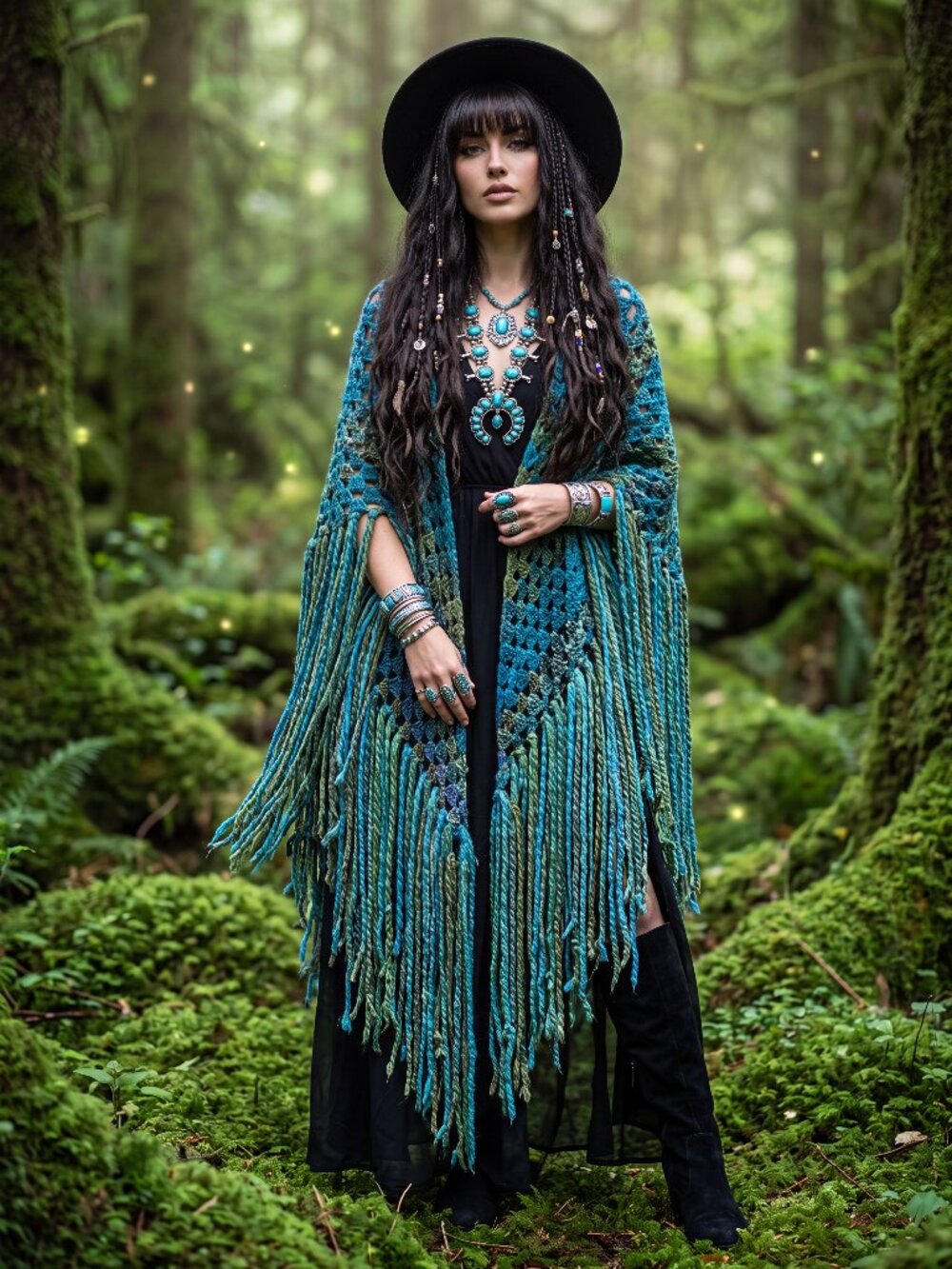Boho Turquoise Blue and Green Full Thick Fringe Shawl Shrug